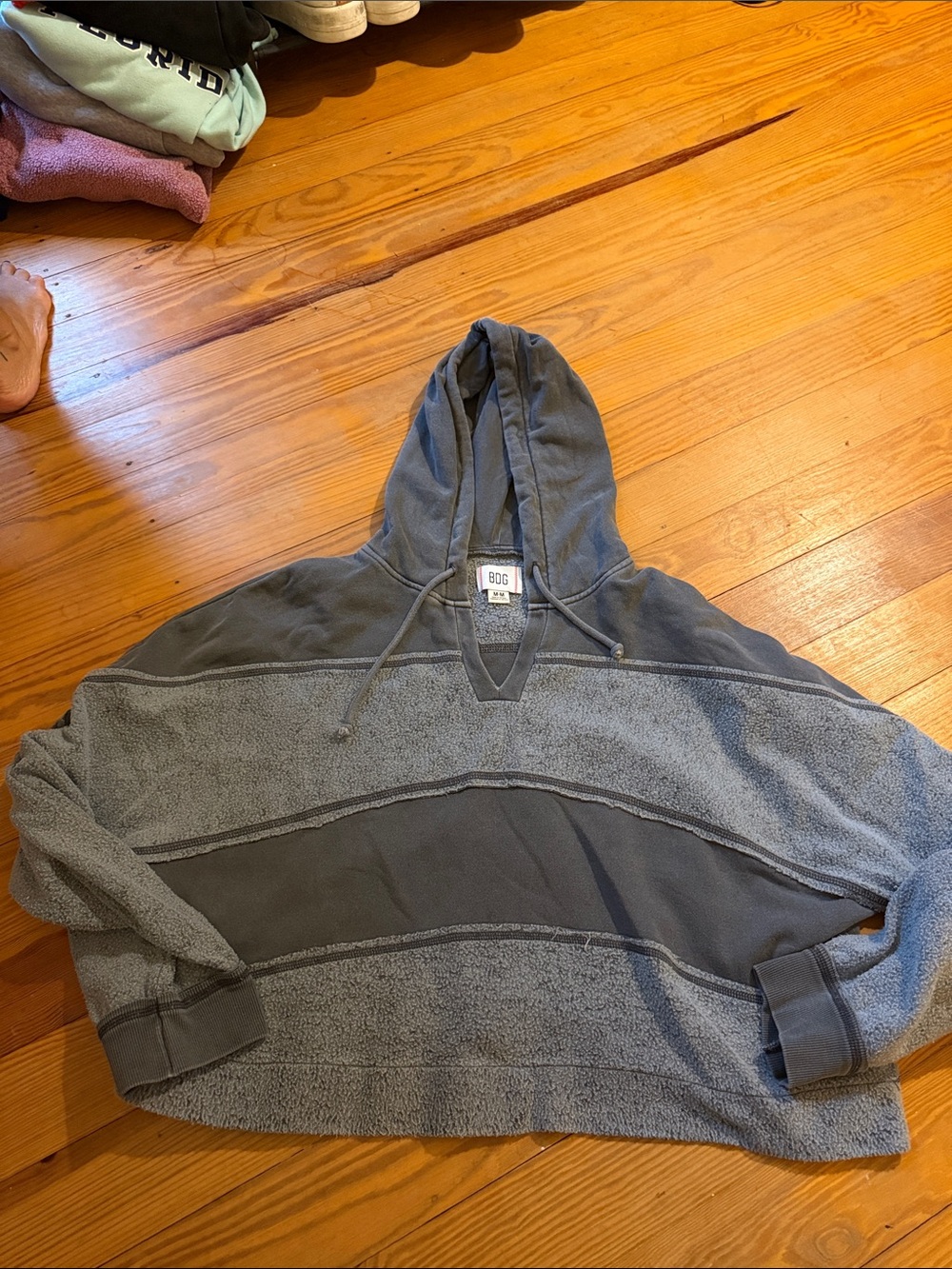BDG Hooded Pullover with Textured Gray Stripes